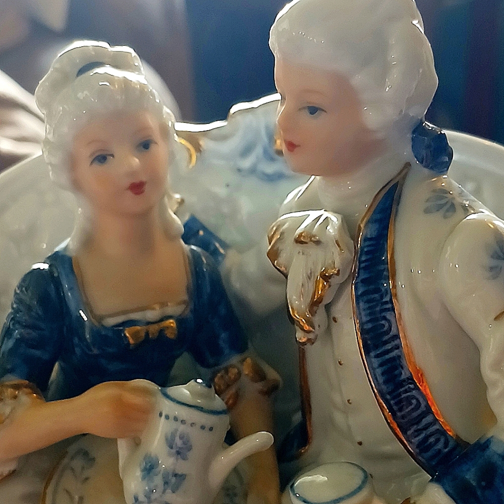 KC, Porcelain Figurine Couple in Blue and White.
